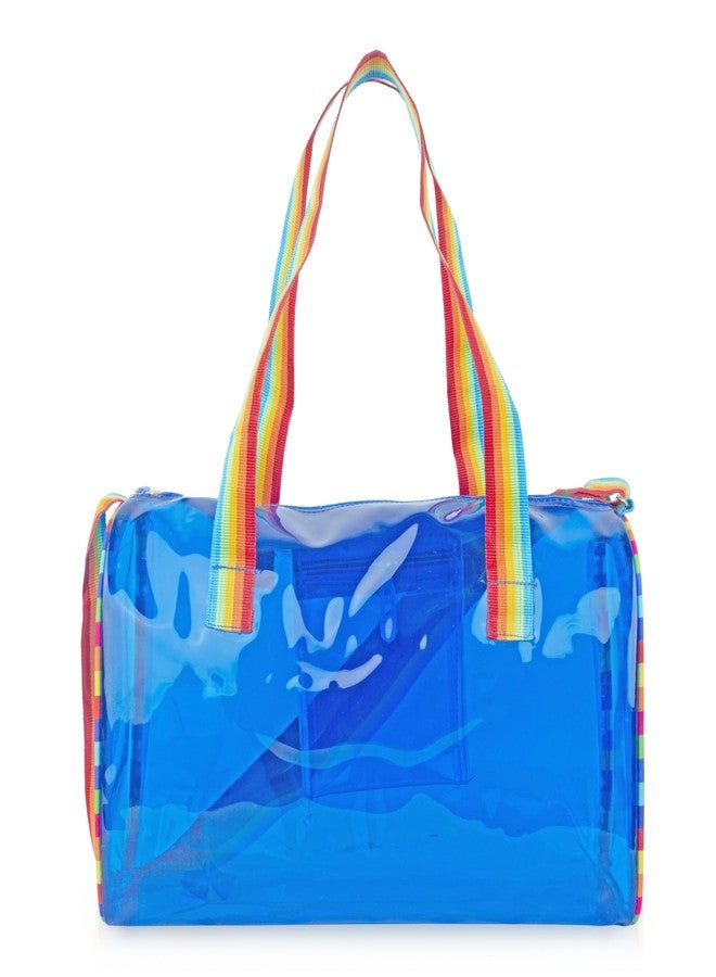 Echo Boomers See-Through Jelly Duffle - Blue Transparent Bag with Rainbow Handles | Trendy Handbag for School, Gym, Travel, Beach - Image 2
